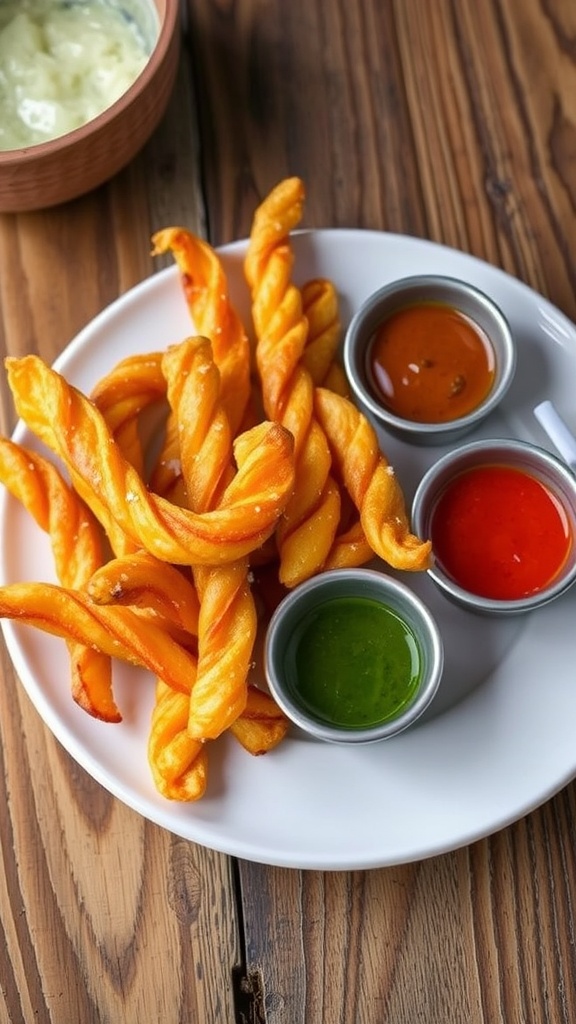 Crispy potato twisters on a plate, served with dipping sauces.